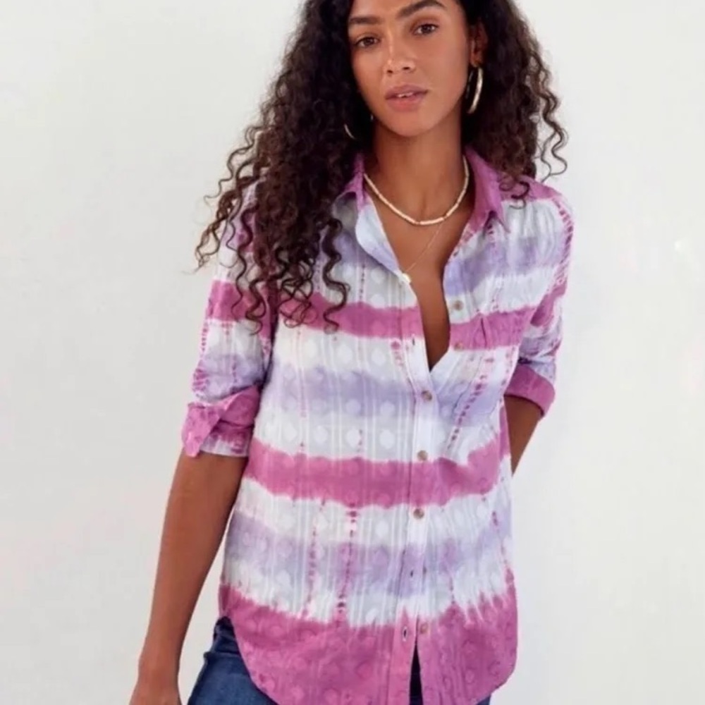 Anthropologie Purple and Pink Button Down Shirt with Dress Collar